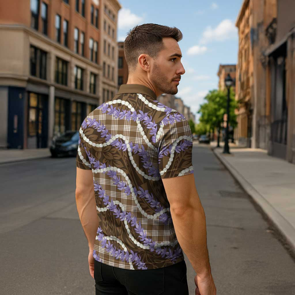 Brown Hawaii Palaka Honohono Pikake Zipper Polo Shirt Hawaiian Orchid Lei Polynesian Pattern - Polynesian Pride
