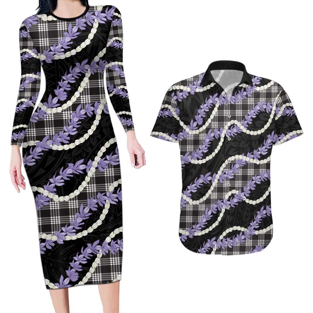 Black Hawaii Palaka Honohono Pikake Couples Matching Long Sleeve Bodycon Dress and Hawaiian Shirt Hawaiian Orchid Lei Polynesian Pattern - Polynesian Pride
