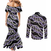 Black Hawaii Palaka Honohono Pikake Couples Matching Mermaid Dress and Long Sleeve Button Shirt Hawaiian Orchid Lei Polynesian Pattern - Polynesian Pride