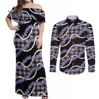 Black Hawaii Palaka Honohono Pikake Couples Matching Off Shoulder Maxi Dress and Long Sleeve Button Shirt Hawaiian Orchid Lei Polynesian Pattern LT14 Black - Polynesian Pride