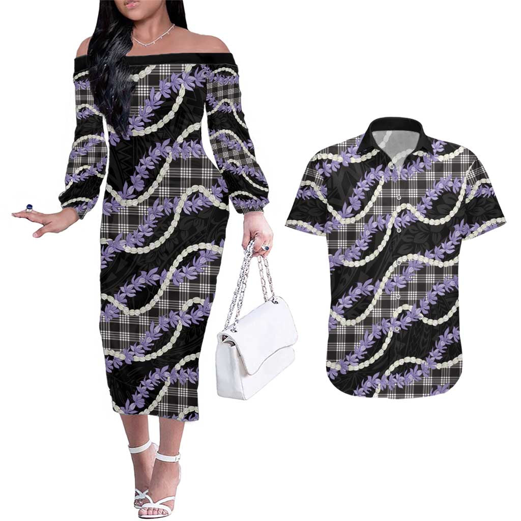 Black Hawaii Palaka Honohono Pikake Couples Matching Off The Shoulder Long Sleeve Dress and Hawaiian Shirt Hawaiian Orchid Lei Polynesian Pattern - Polynesian Pride