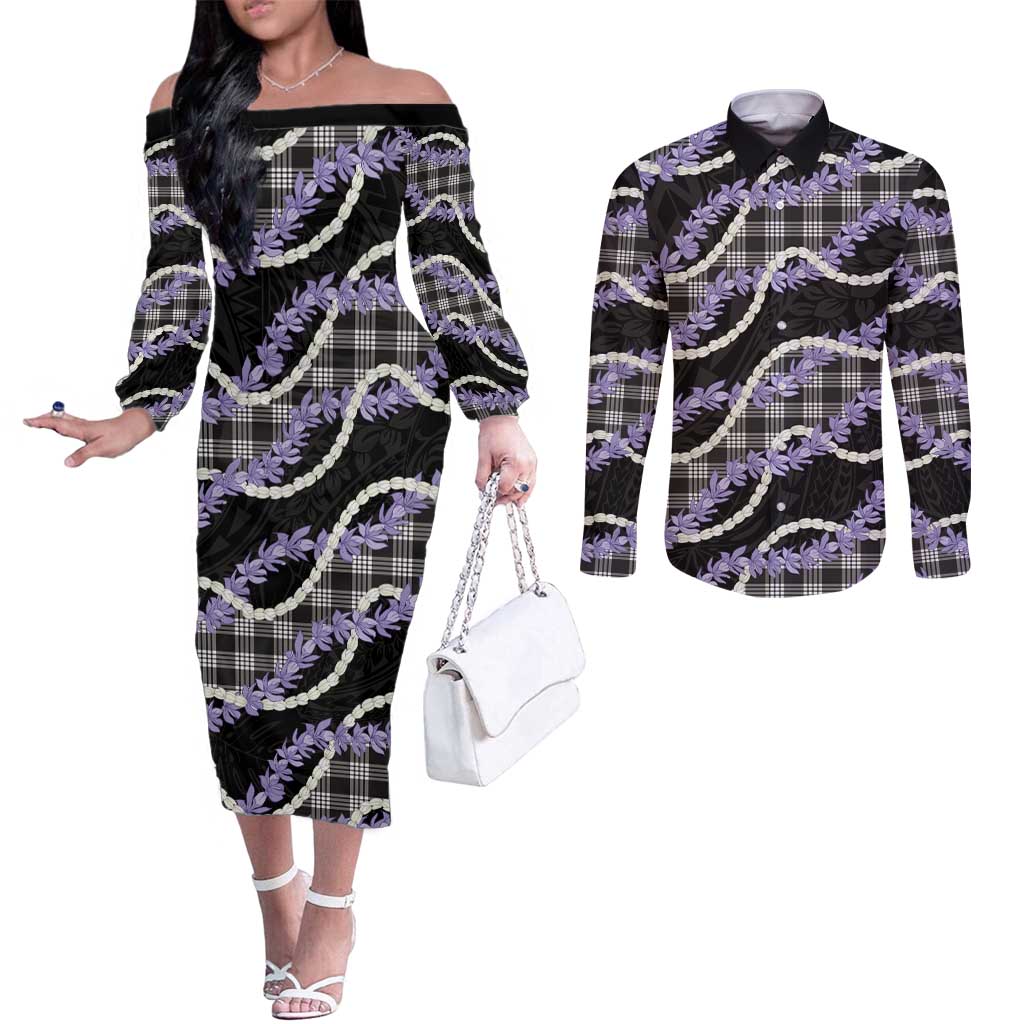 Black Hawaii Palaka Honohono Pikake Couples Matching Off The Shoulder Long Sleeve Dress and Long Sleeve Button Shirt Hawaiian Orchid Lei Polynesian Pattern LT14 Black - Polynesian Pride