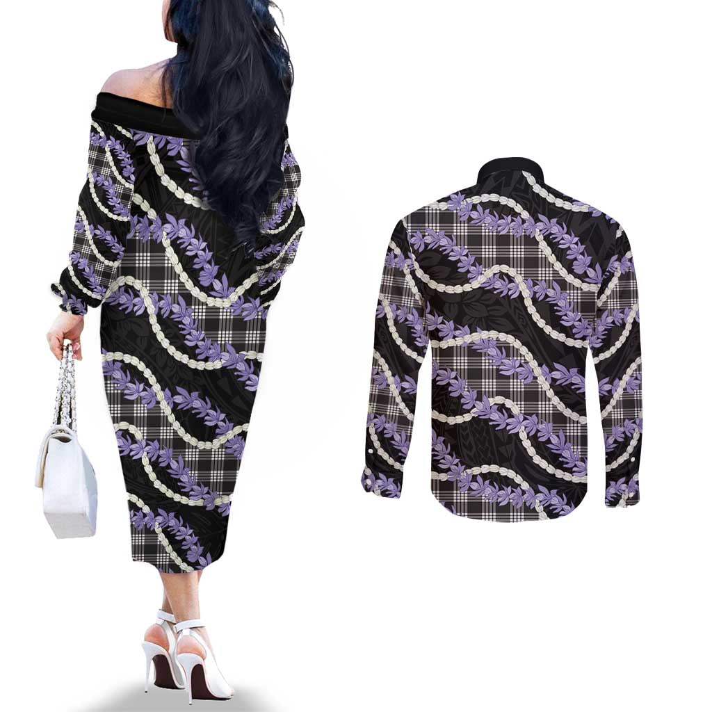 Black Hawaii Palaka Honohono Pikake Couples Matching Off The Shoulder Long Sleeve Dress and Long Sleeve Button Shirt Hawaiian Orchid Lei Polynesian Pattern LT14 - Polynesian Pride