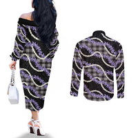 Black Hawaii Palaka Honohono Pikake Couples Matching Off The Shoulder Long Sleeve Dress and Long Sleeve Button Shirt Hawaiian Orchid Lei Polynesian Pattern LT14 - Polynesian Pride