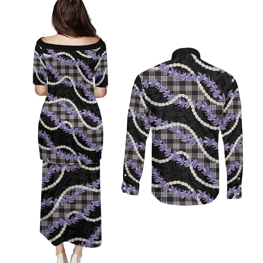 Black Hawaii Palaka Honohono Pikake Couples Matching Puletasi and Long Sleeve Button Shirt Hawaiian Orchid Lei Polynesian Pattern - Polynesian Pride
