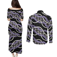 Black Hawaii Palaka Honohono Pikake Couples Matching Puletasi and Long Sleeve Button Shirt Hawaiian Orchid Lei Polynesian Pattern - Polynesian Pride