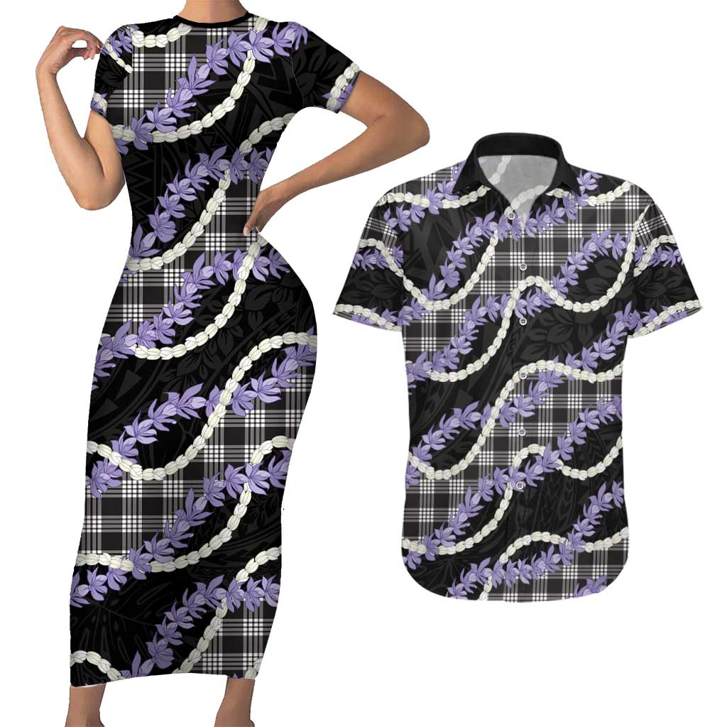 Black Hawaii Palaka Honohono Pikake Couples Matching Short Sleeve Bodycon Dress and Hawaiian Shirt Hawaiian Orchid Lei Polynesian Pattern - Polynesian Pride