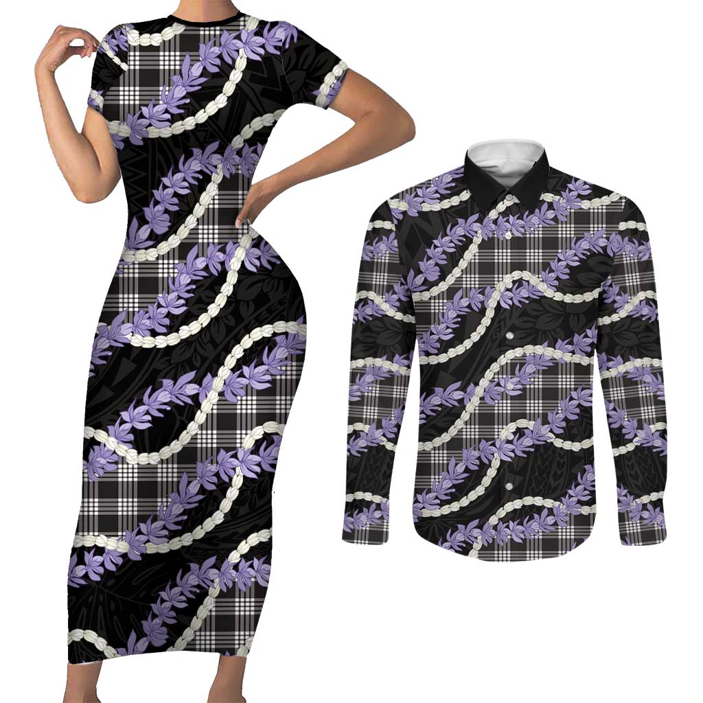 Black Hawaii Palaka Honohono Pikake Couples Matching Short Sleeve Bodycon Dress and Long Sleeve Button Shirt Hawaiian Orchid Lei Polynesian Pattern - Polynesian Pride