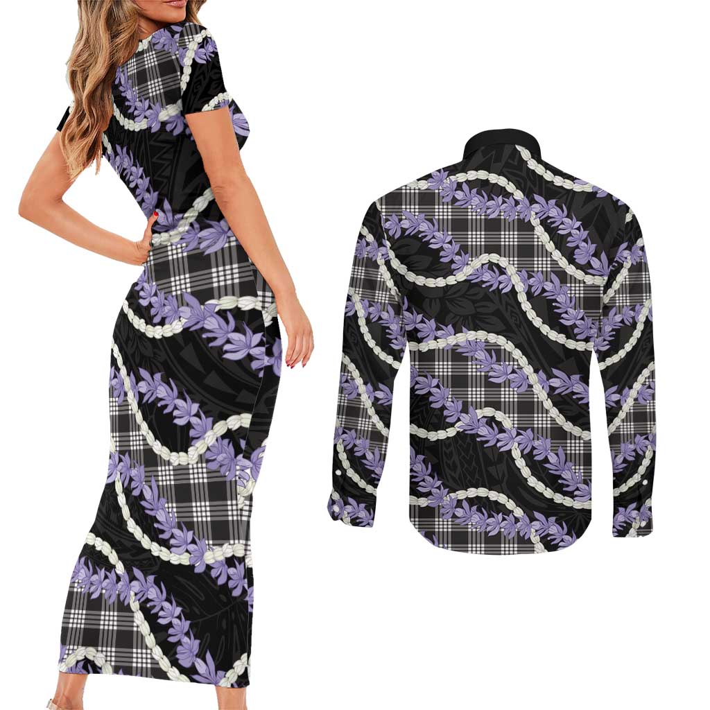 Black Hawaii Palaka Honohono Pikake Couples Matching Short Sleeve Bodycon Dress and Long Sleeve Button Shirt Hawaiian Orchid Lei Polynesian Pattern - Polynesian Pride