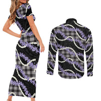 Black Hawaii Palaka Honohono Pikake Couples Matching Short Sleeve Bodycon Dress and Long Sleeve Button Shirt Hawaiian Orchid Lei Polynesian Pattern - Polynesian Pride