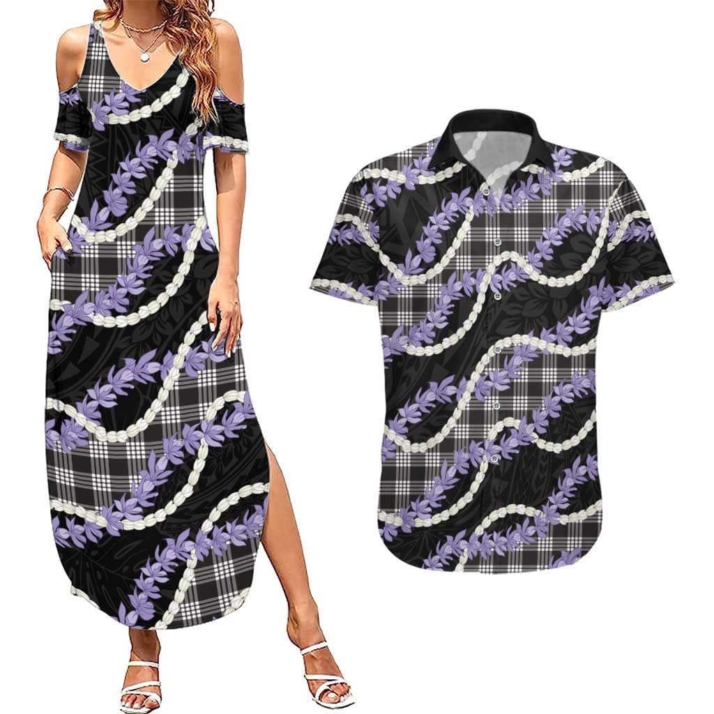 Black Hawaii Palaka Honohono Pikake Couples Matching Summer Maxi Dress and Hawaiian Shirt Hawaiian Orchid Lei Polynesian Pattern - Polynesian Pride
