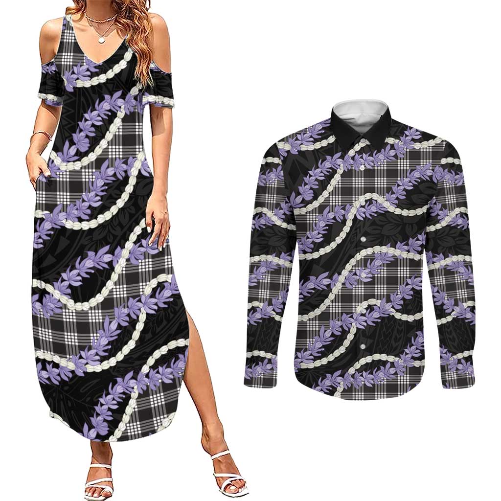 Black Hawaii Palaka Honohono Pikake Couples Matching Summer Maxi Dress and Long Sleeve Button Shirt Hawaiian Orchid Lei Polynesian Pattern - Polynesian Pride