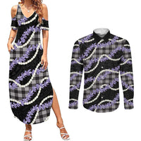 Black Hawaii Palaka Honohono Pikake Couples Matching Summer Maxi Dress and Long Sleeve Button Shirt Hawaiian Orchid Lei Polynesian Pattern - Polynesian Pride