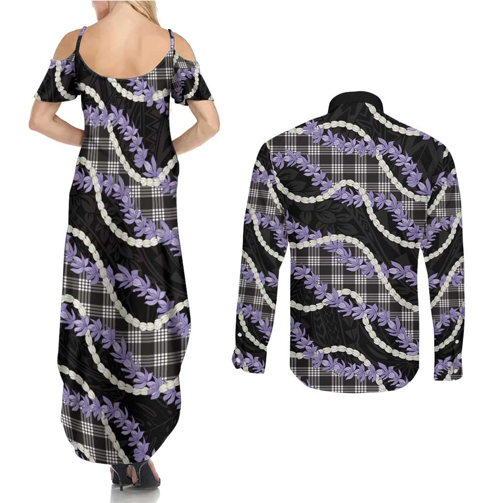Black Hawaii Palaka Honohono Pikake Couples Matching Summer Maxi Dress and Long Sleeve Button Shirt Hawaiian Orchid Lei Polynesian Pattern - Polynesian Pride