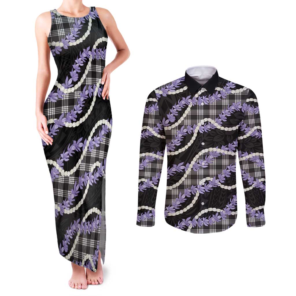 Black Hawaii Palaka Honohono Pikake Couples Matching Tank Maxi Dress and Long Sleeve Button Shirt Hawaiian Orchid Lei Polynesian Pattern - Polynesian Pride