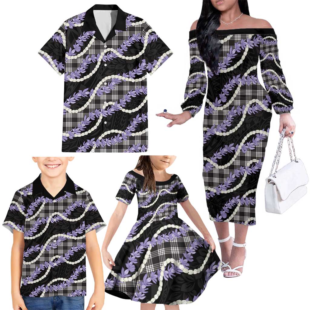 Black Hawaii Palaka Honohono Pikake Family Matching Off The Shoulder Long Sleeve Dress and Hawaiian Shirt Hawaiian Orchid Lei Polynesian Pattern - Polynesian Pride