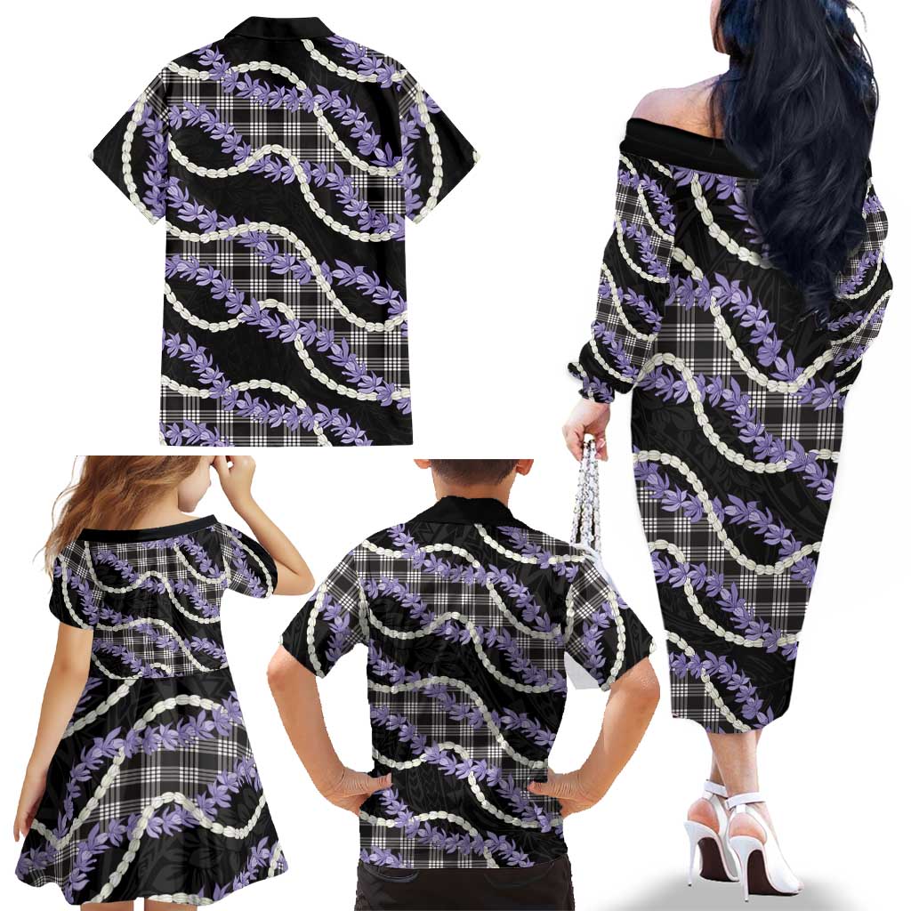 Black Hawaii Palaka Honohono Pikake Family Matching Off The Shoulder Long Sleeve Dress and Hawaiian Shirt Hawaiian Orchid Lei Polynesian Pattern LT14 - Polynesian Pride