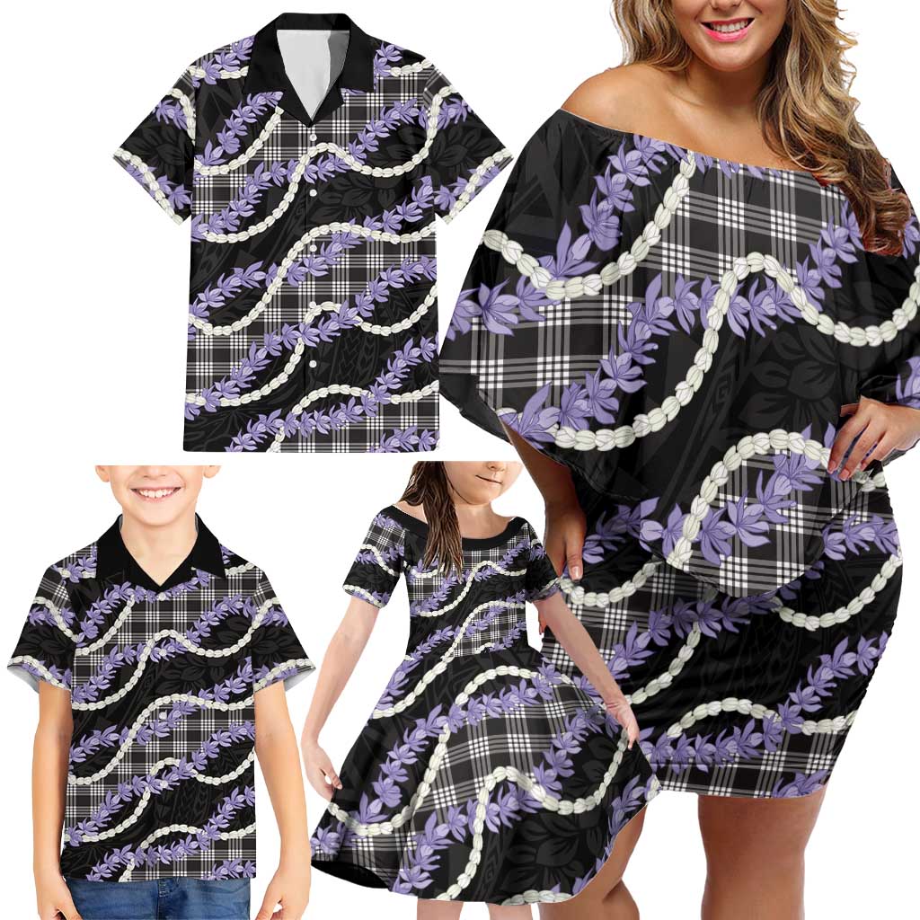Black Hawaii Palaka Honohono Pikake Family Matching Off Shoulder Short Dress and Hawaiian Shirt Hawaiian Orchid Lei Polynesian Pattern - Polynesian Pride