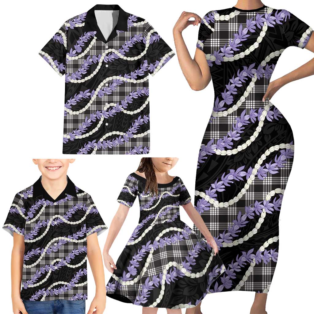 Black Hawaii Palaka Honohono Pikake Family Matching Short Sleeve Bodycon Dress and Hawaiian Shirt Hawaiian Orchid Lei Polynesian Pattern - Polynesian Pride