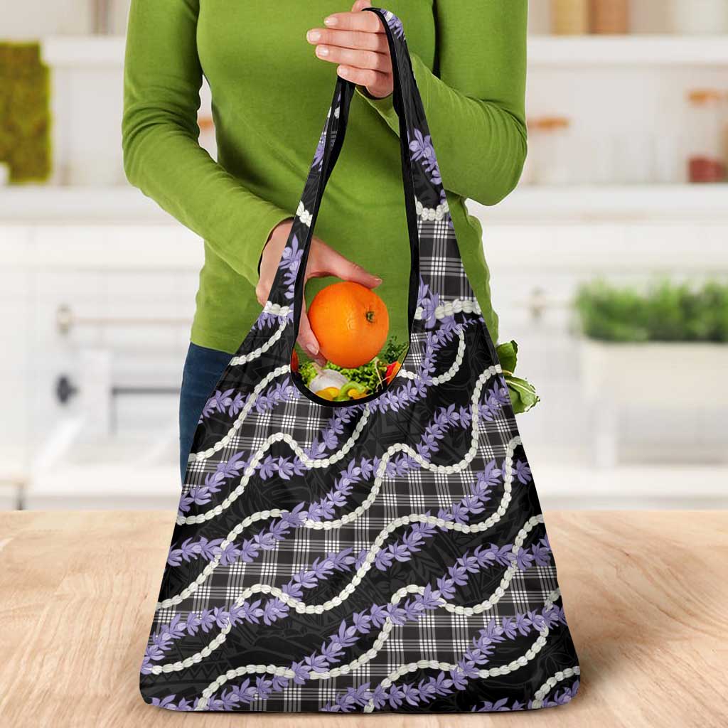 Black Hawaii Palaka Honohono Pikake Grocery Bag Hawaiian Orchid Lei Polynesian Pattern - Polynesian Pride