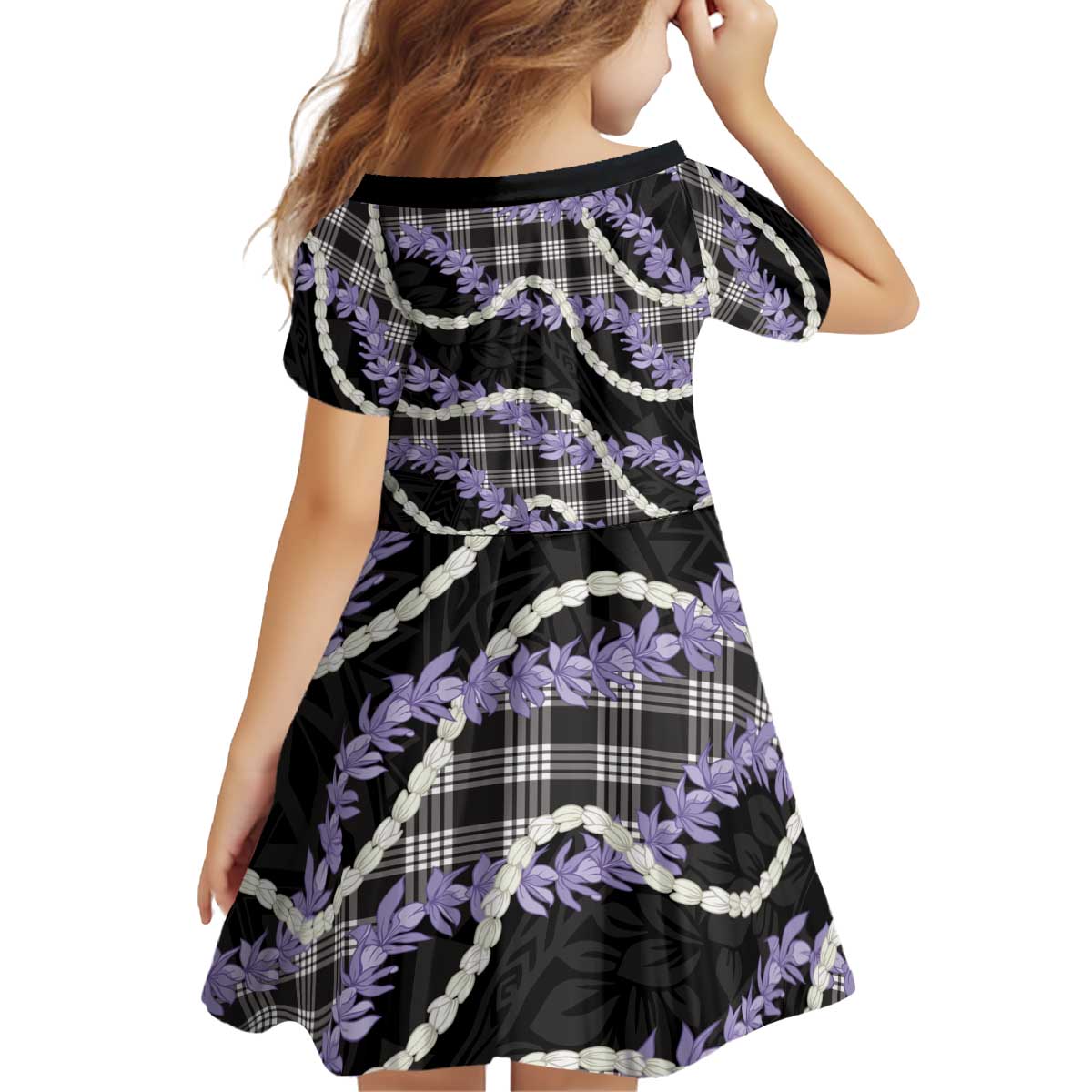 Black Hawaii Palaka Honohono Pikake Kid Short Sleeve Dress Hawaiian Orchid Lei Polynesian Pattern - Polynesian Pride