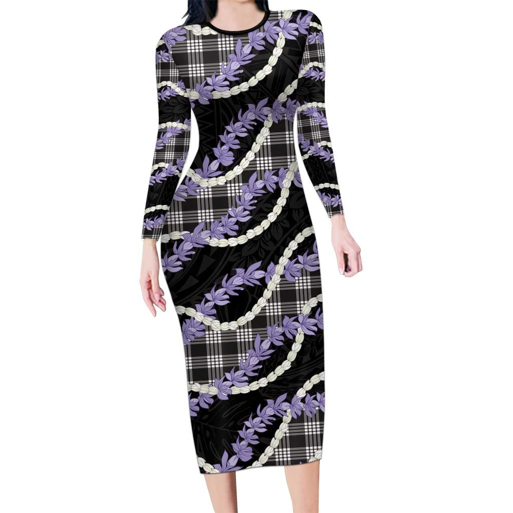 Black Hawaii Palaka Honohono Pikake Long Sleeve Bodycon Dress Hawaiian Orchid Lei Polynesian Pattern - Polynesian Pride