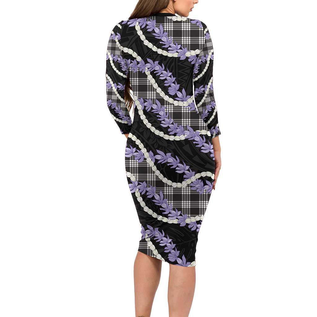 Black Hawaii Palaka Honohono Pikake Long Sleeve Bodycon Dress Hawaiian Orchid Lei Polynesian Pattern - Polynesian Pride