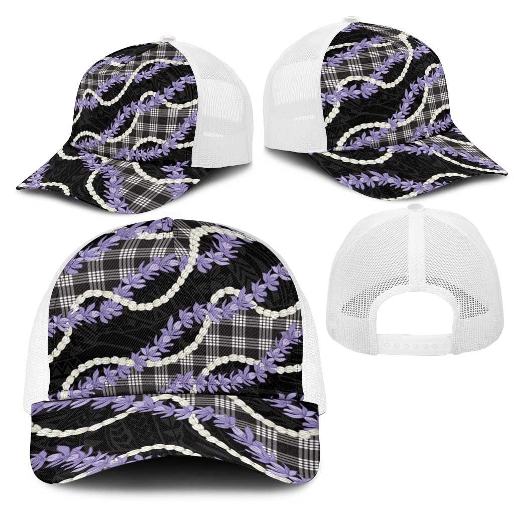 Black Hawaii Palaka Honohono Pikake Mesh Trucker Cap Hawaiian Orchid Lei Polynesian Pattern - Polynesian Pride