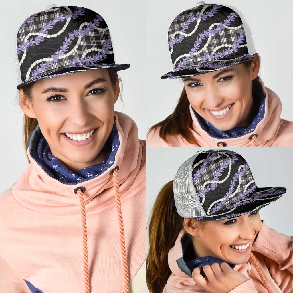 Black Hawaii Palaka Honohono Pikake Mesh Trucker Cap Hawaiian Orchid Lei Polynesian Pattern - Polynesian Pride