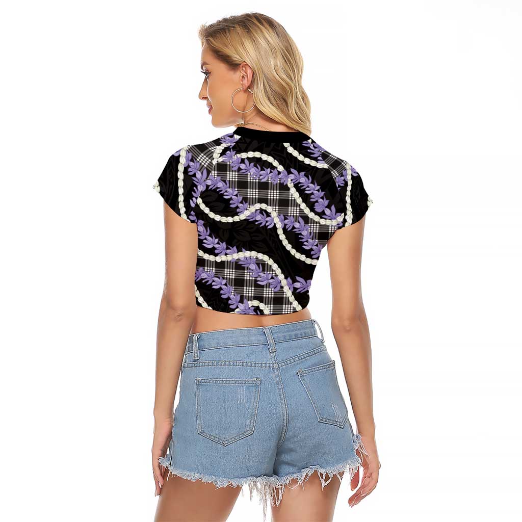 Black Hawaii Palaka Honohono Pikake Raglan Cropped T Shirt Hawaiian Orchid Lei Polynesian Pattern - Polynesian Pride