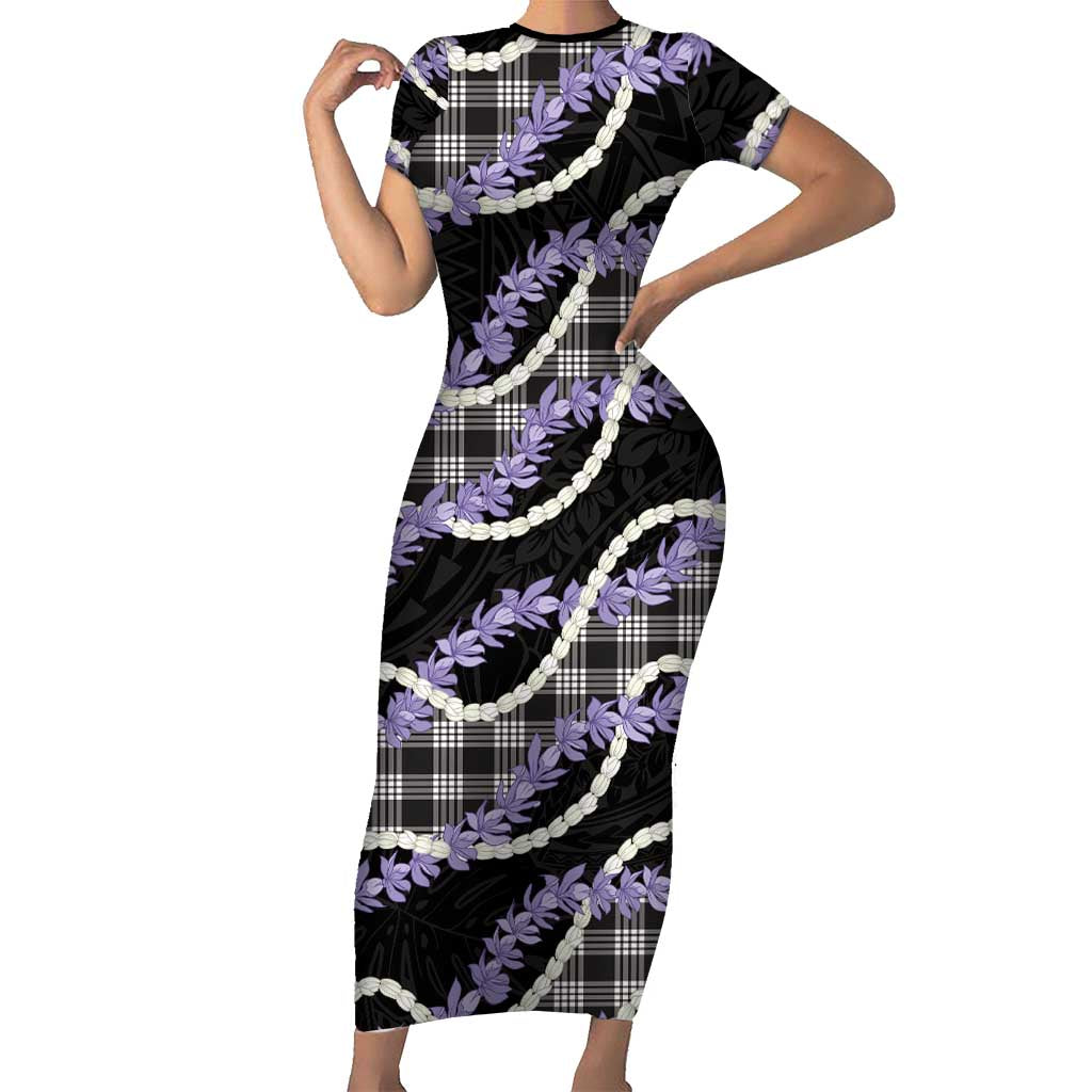 Black Hawaii Palaka Honohono Pikake Short Sleeve Bodycon Dress Hawaiian Orchid Lei Polynesian Pattern - Polynesian Pride