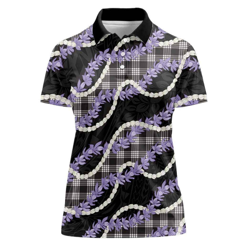 Black Hawaii Palaka Honohono Pikake Women Polo Shirt Hawaiian Orchid Lei Polynesian Pattern - Polynesian Pride