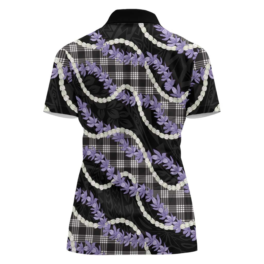 Black Hawaii Palaka Honohono Pikake Women Polo Shirt Hawaiian Orchid Lei Polynesian Pattern - Polynesian Pride