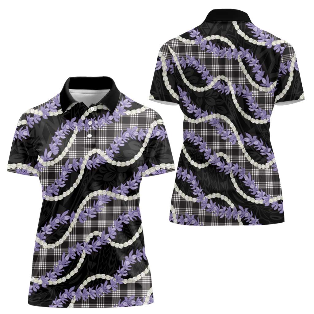 Black Hawaii Palaka Honohono Pikake Women Polo Shirt Hawaiian Orchid Lei Polynesian Pattern - Polynesian Pride