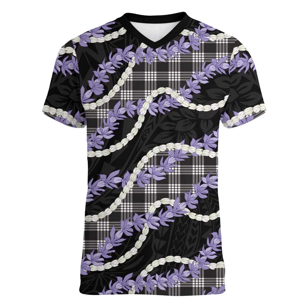 Black Hawaii Palaka Honohono Pikake Women V-Neck T-Shirt Hawaiian Orchid Lei Polynesian Pattern - Polynesian Pride