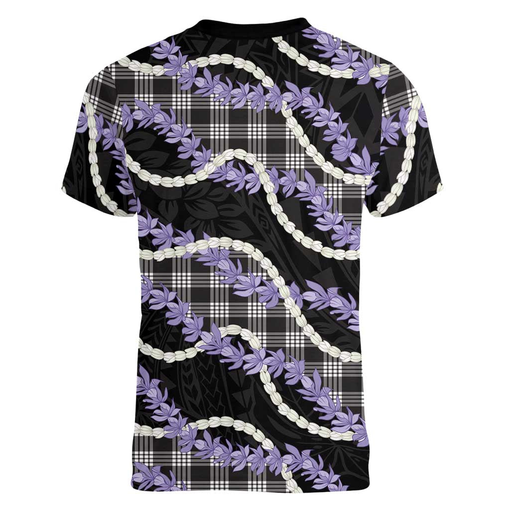 Black Hawaii Palaka Honohono Pikake Women V-Neck T-Shirt Hawaiian Orchid Lei Polynesian Pattern - Polynesian Pride