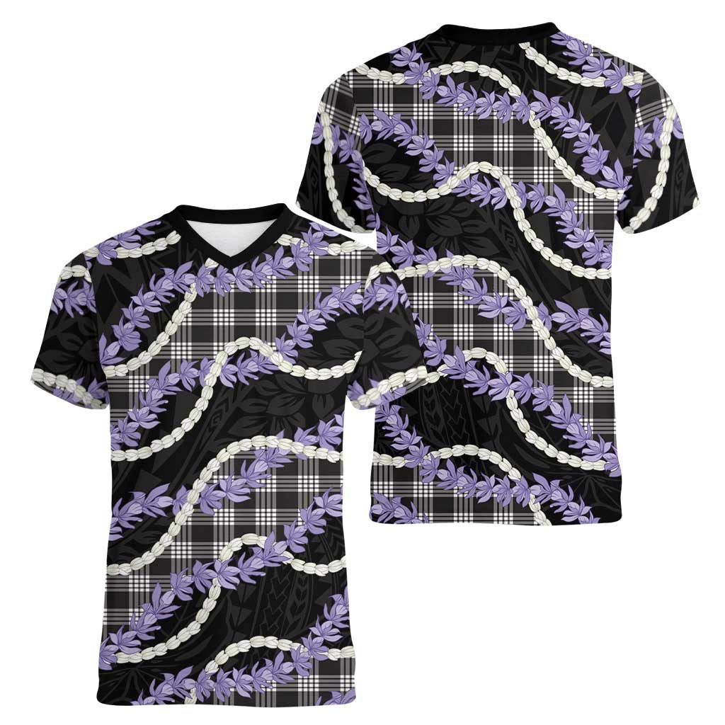 Black Hawaii Palaka Honohono Pikake Women V-Neck T-Shirt Hawaiian Orchid Lei Polynesian Pattern - Polynesian Pride