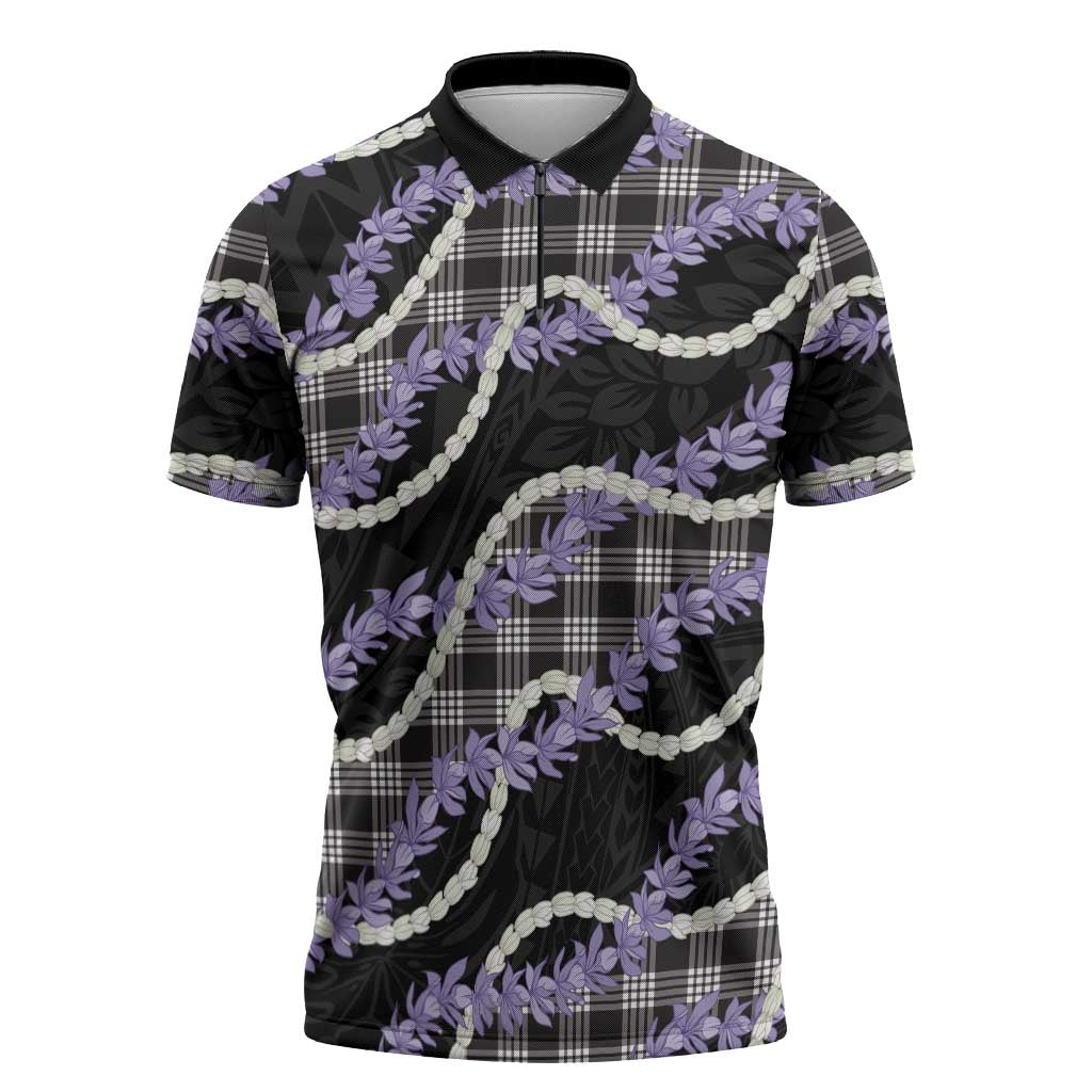 Black Hawaii Palaka Honohono Pikake Zipper Polo Shirt Hawaiian Orchid Lei Polynesian Pattern - Polynesian Pride