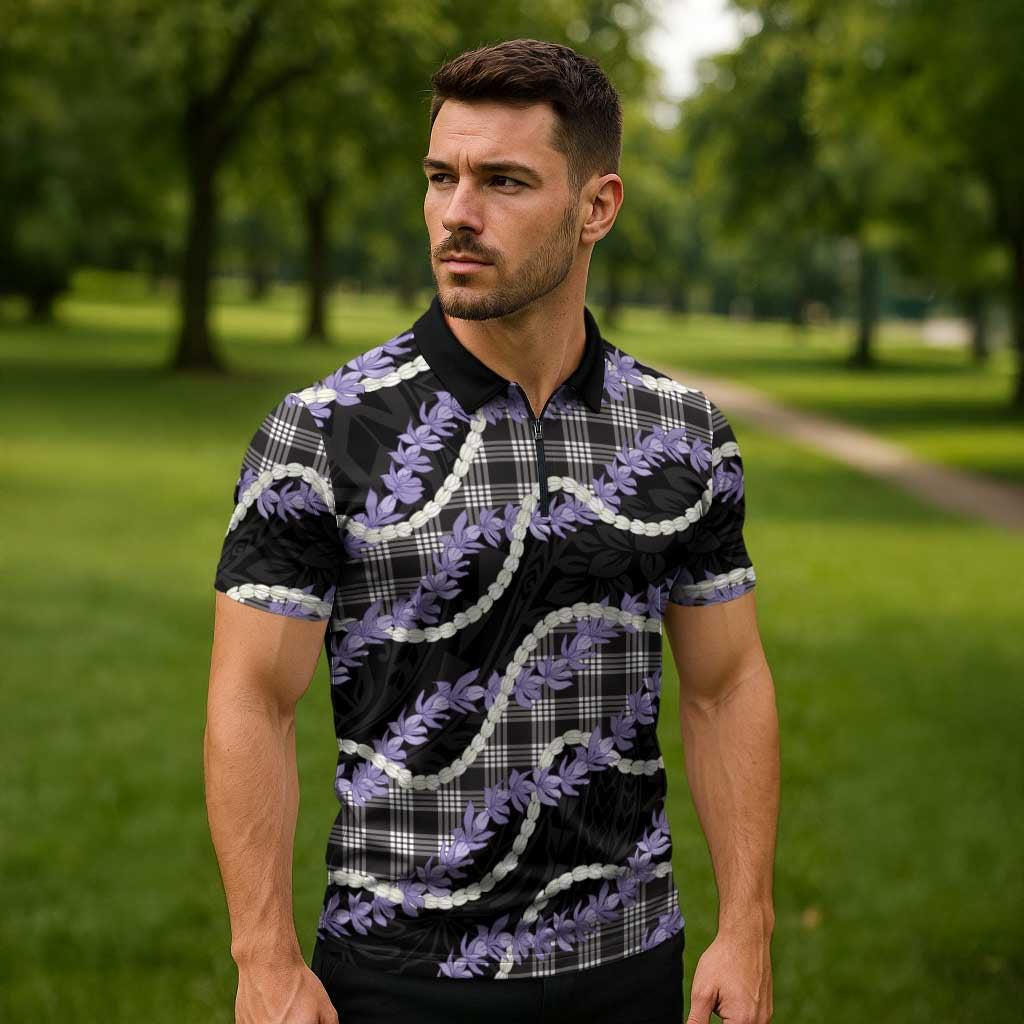 Black Hawaii Palaka Honohono Pikake Zipper Polo Shirt Hawaiian Orchid Lei Polynesian Pattern - Polynesian Pride
