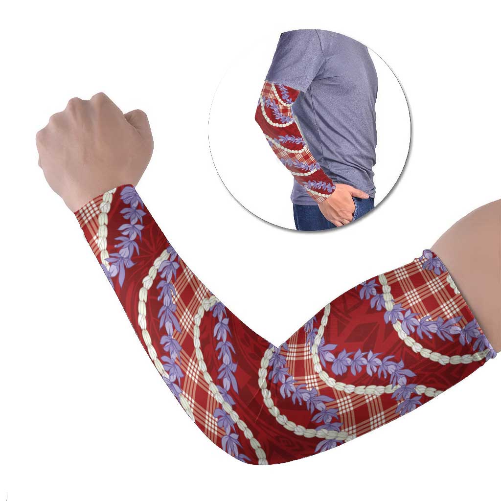 Red Hawaii Palaka Honohono Pikake Arm Sleeves Hawaiian Orchid Lei Polynesian Pattern - Polynesian Pride