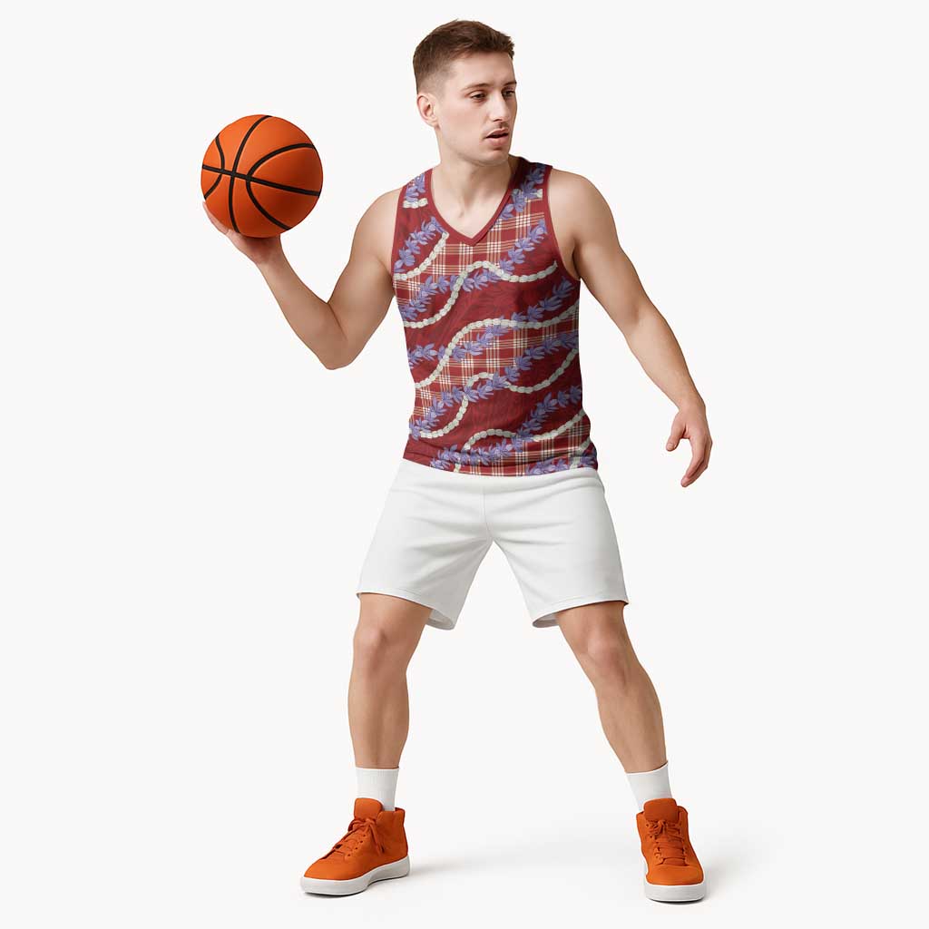 Red Hawaii Palaka Honohono Pikake Basketball Jersey Hawaiian Orchid Lei Polynesian Pattern - Polynesian Pride