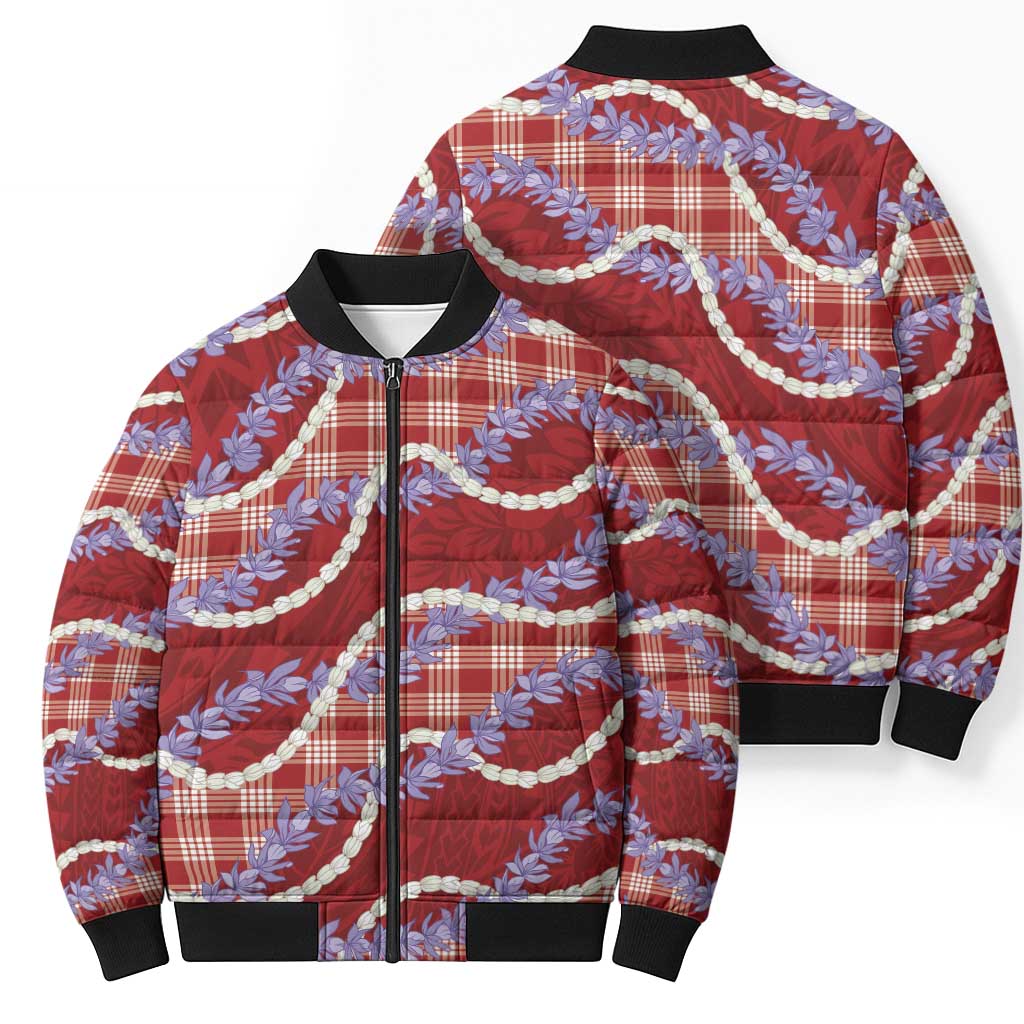 Red Hawaii Palaka Honohono Pikake Bomber Puffer Jacket Hawaiian Orchid Lei Polynesian Pattern - Polynesian Pride