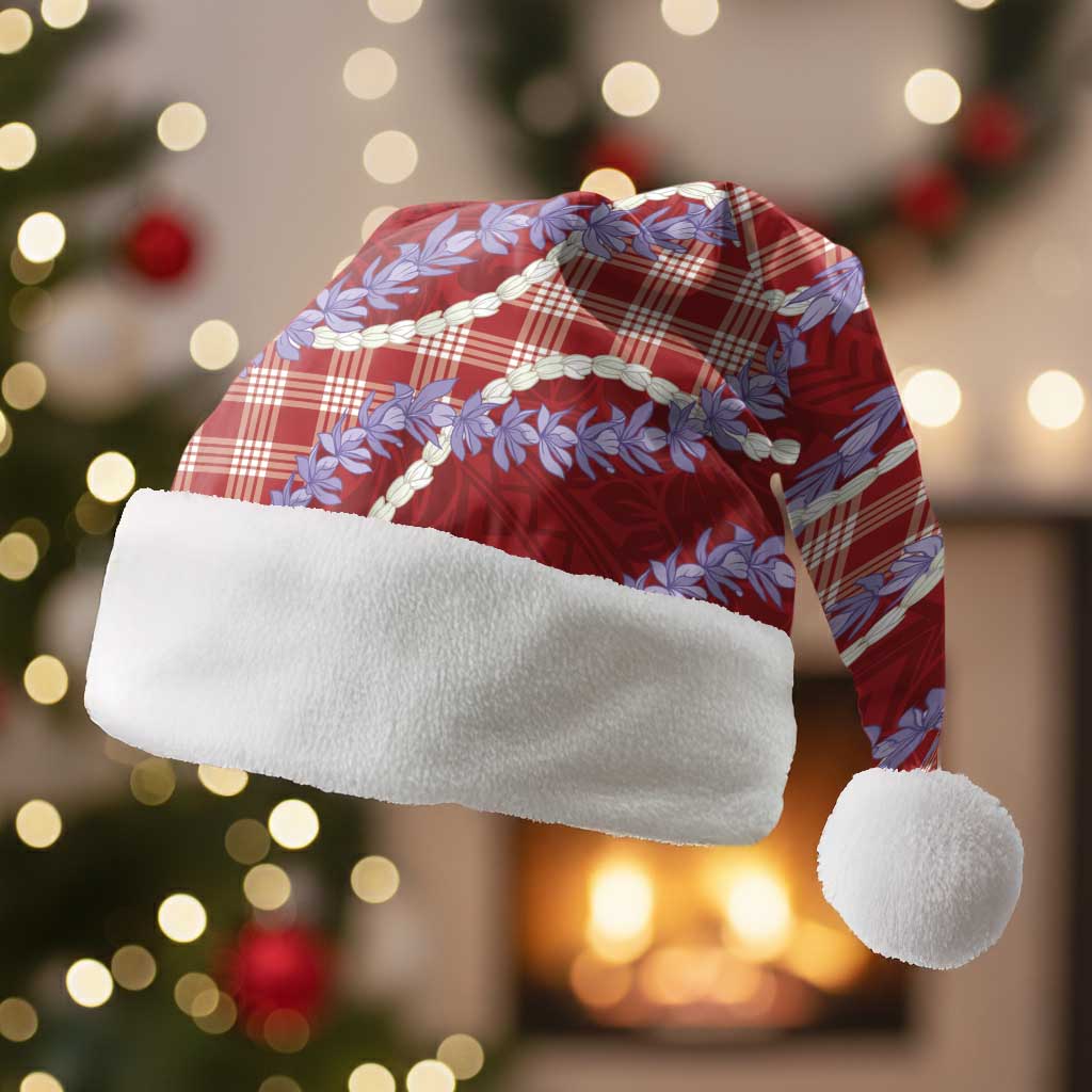 Red Hawaii Palaka Honohono Pikake Christmas Santa Hat Hawaiian Orchid Lei Polynesian Pattern - Polynesian Pride