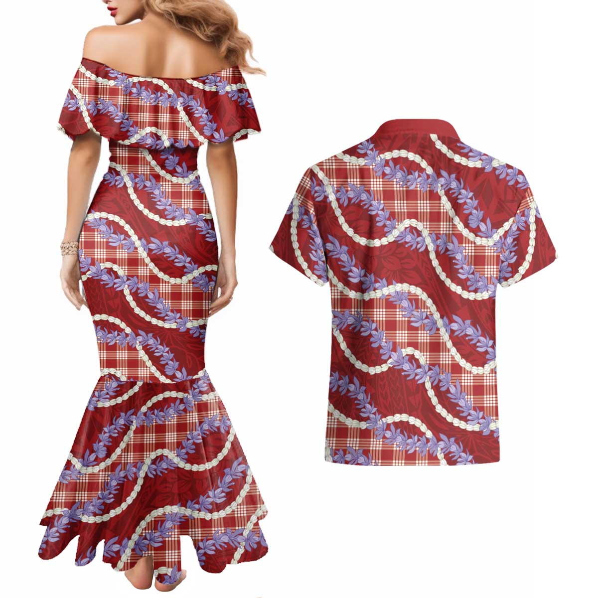 Red Hawaii Palaka Honohono Pikake Couples Matching Mermaid Dress and Hawaiian Shirt Hawaiian Orchid Lei Polynesian Pattern LT14 - Polynesian Pride