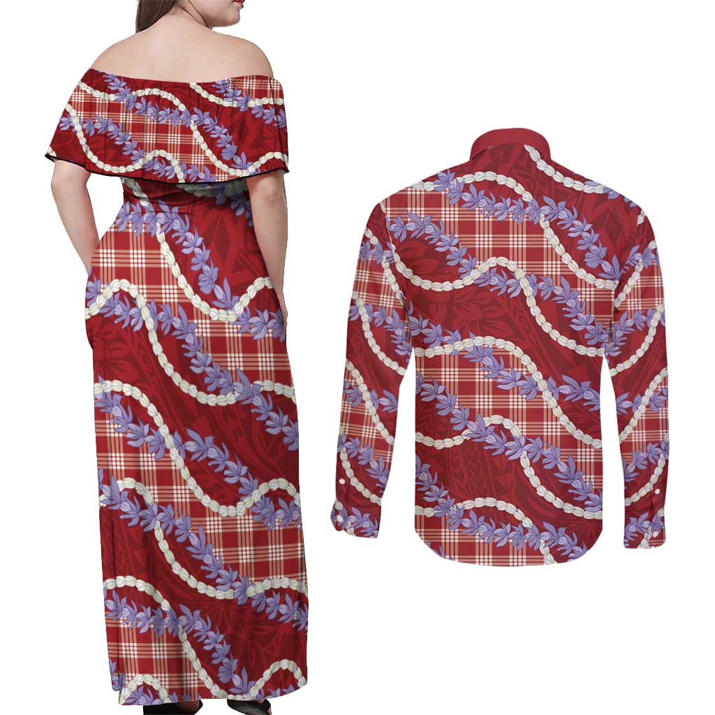 Red Hawaii Palaka Honohono Pikake Couples Matching Off Shoulder Maxi Dress and Long Sleeve Button Shirt Hawaiian Orchid Lei Polynesian Pattern - Polynesian Pride