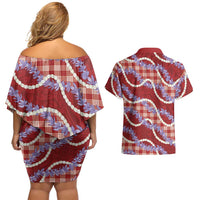 Red Hawaii Palaka Honohono Pikake Couples Matching Off Shoulder Short Dress and Hawaiian Shirt Hawaiian Orchid Lei Polynesian Pattern - Polynesian Pride