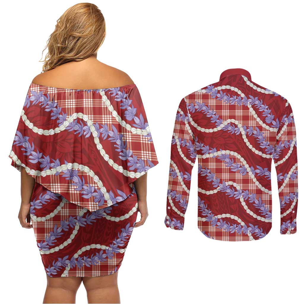 Red Hawaii Palaka Honohono Pikake Couples Matching Off Shoulder Short Dress and Long Sleeve Button Shirt Hawaiian Orchid Lei Polynesian Pattern LT14 - Polynesian Pride