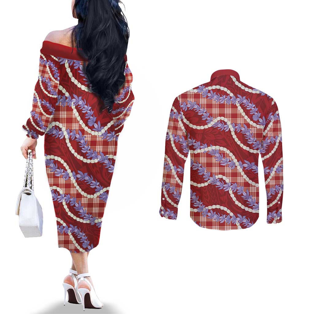 Red Hawaii Palaka Honohono Pikake Couples Matching Off The Shoulder Long Sleeve Dress and Long Sleeve Button Shirt Hawaiian Orchid Lei Polynesian Pattern LT14 - Polynesian Pride