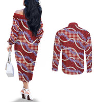 Red Hawaii Palaka Honohono Pikake Couples Matching Off The Shoulder Long Sleeve Dress and Long Sleeve Button Shirt Hawaiian Orchid Lei Polynesian Pattern LT14 - Polynesian Pride