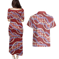 Red Hawaii Palaka Honohono Pikake Couples Matching Puletasi and Hawaiian Shirt Hawaiian Orchid Lei Polynesian Pattern - Polynesian Pride